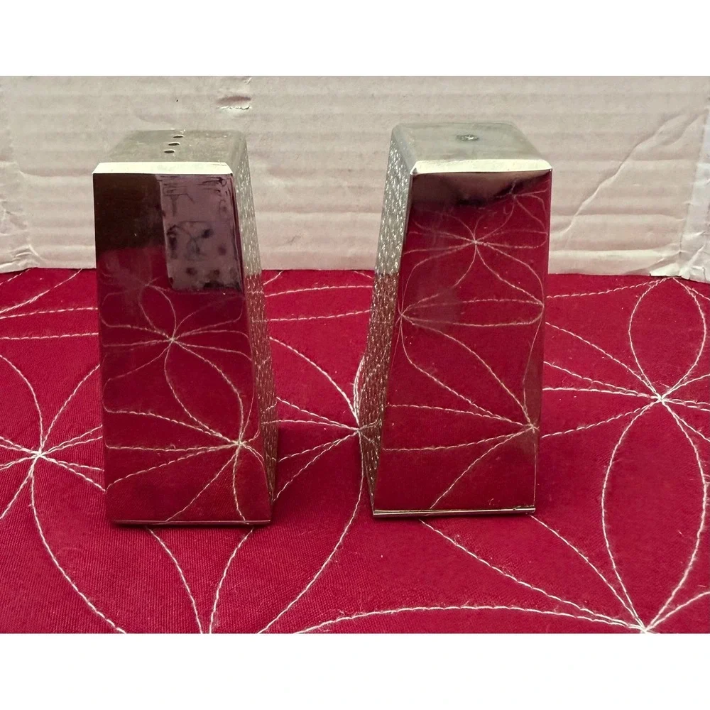 Silver Tone Rhinestone Studded Salt and Pepper Shaker Set Modern Wedge Design
